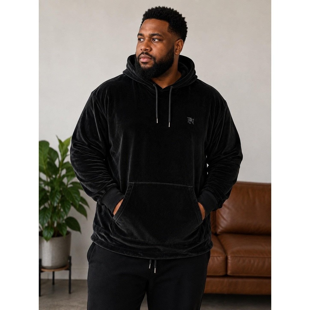 Parish Nation Y2K Velour Hoodie Men L Black Tie Streetwear Loungeawear Retro